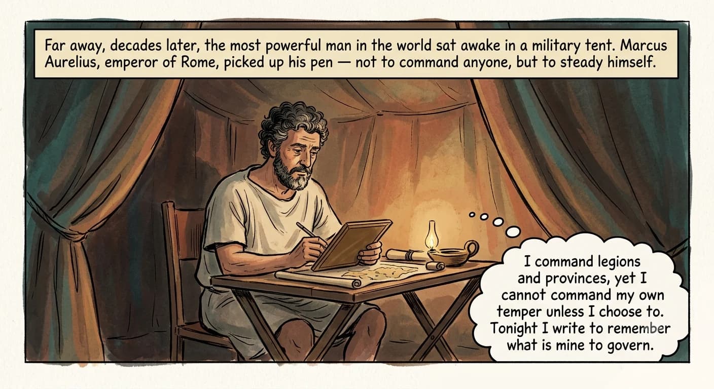 A bearded man in a plain tunic sits alone at a folding camp desk inside a dim military tent at night, a single oil lamp lighting a wax tablet as he pauses in thought.