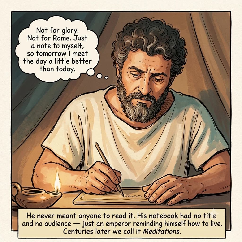 A close view of a bearded man bent over a plain personal wax tablet by lamplight, stylus mid-word, his brow furrowed in honest private reflection.