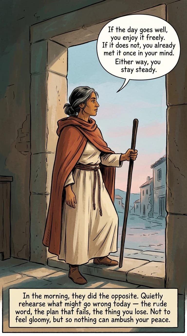 A tall view of the philosophy guide standing in a stone doorway at dawn, cloak wrapped against the chill and staff in hand, gazing out at a pale rose-and-blue morning sky.