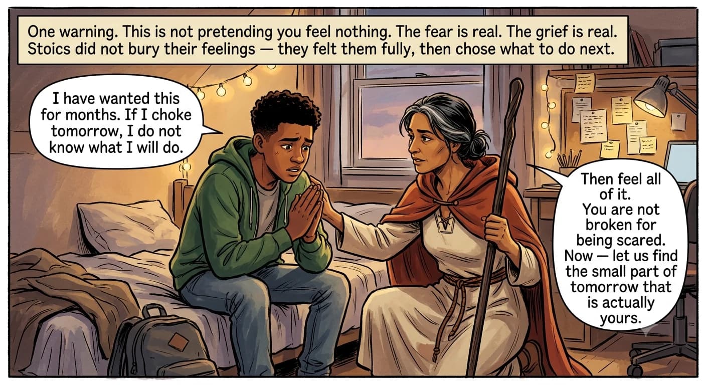 A modern bedroom at dusk where an anxious teenager sits hunched on the edge of the bed while the philosophy guide kneels beside him, one hand near his shoulder, listening calmly.