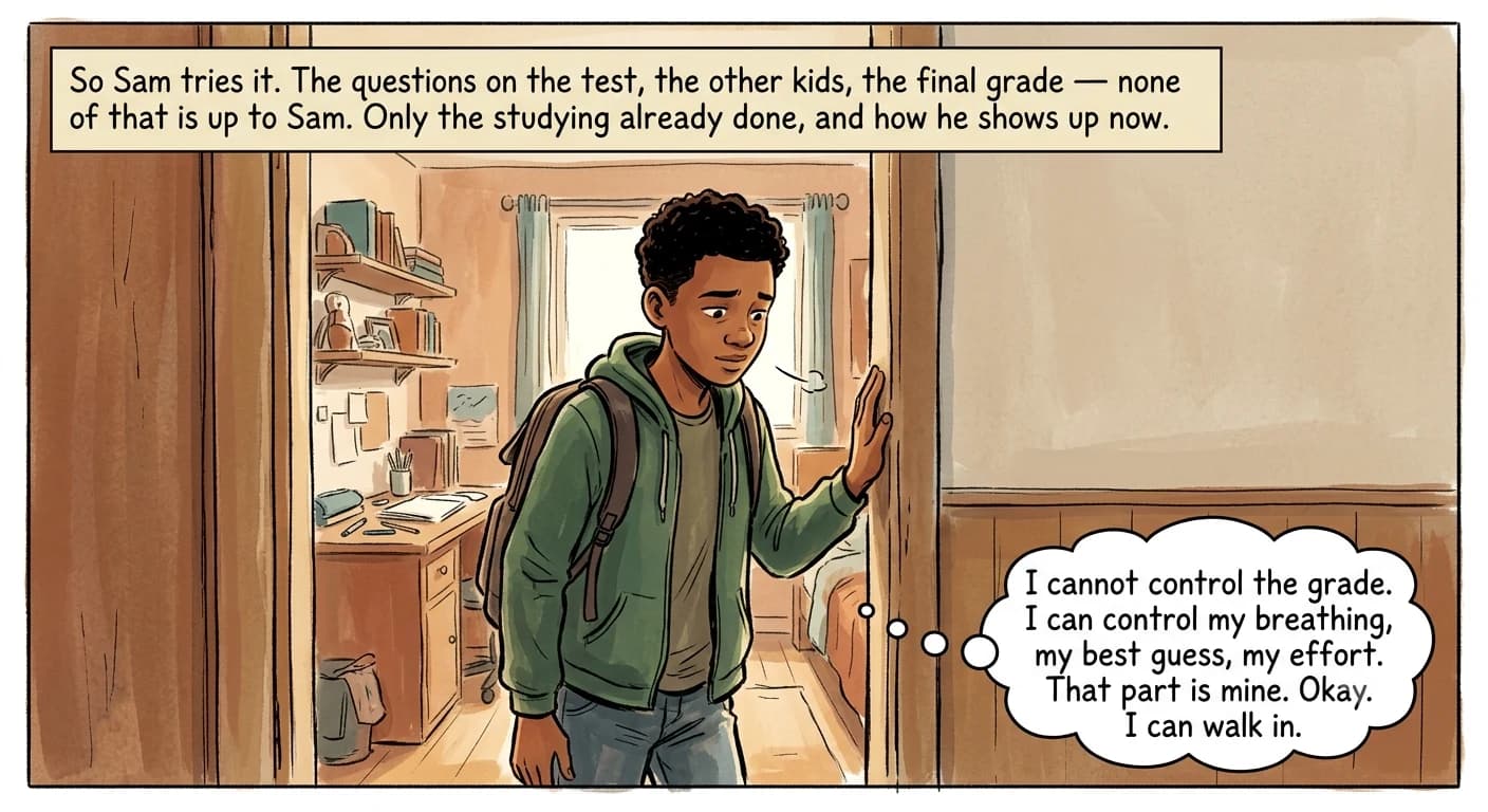 A teenager stands in a bedroom doorway with a backpack on one shoulder, one hand on the frame, taking a steadying breath, his expression shifting from nervous to quietly resolved.