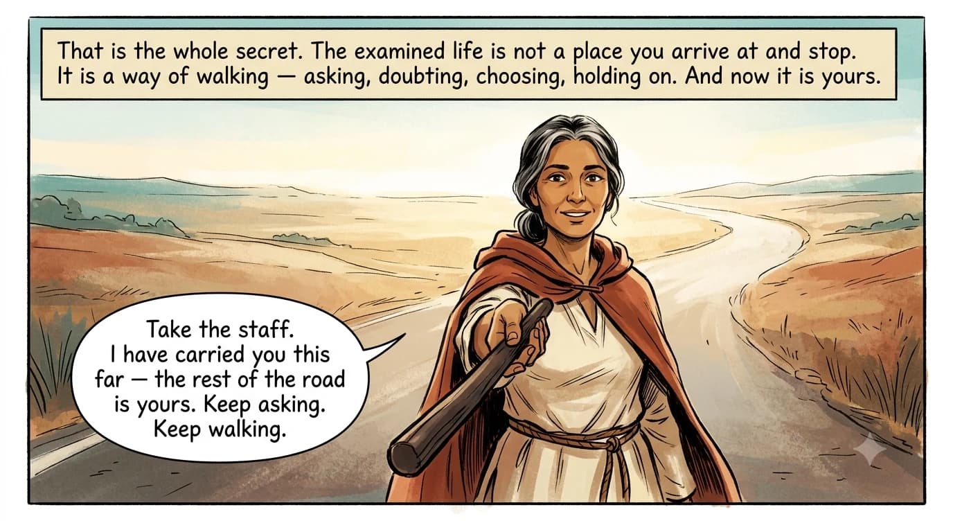 A final wide scene of the philosophy guide stepping toward the reader and holding out her wooden staff in offering, with a long open road winding away into a bright dawn behind her.