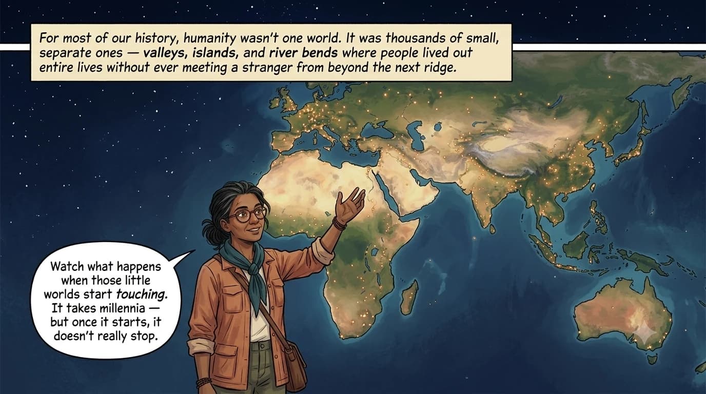 A guide figure stands beside a glowing painterly map of the ancient world scattered with hundreds of tiny, separate firelit dots representing isolated human communities.