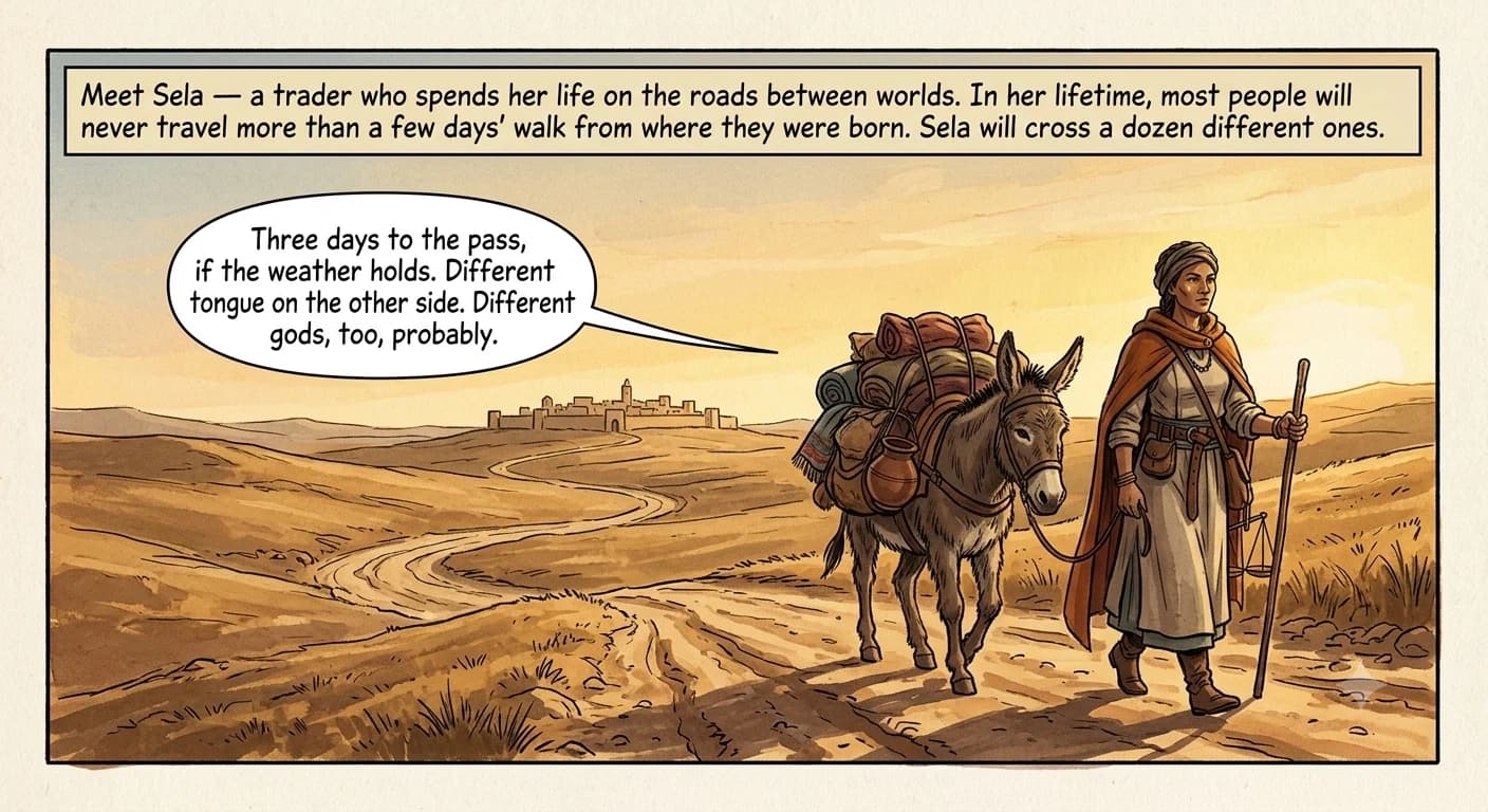 A weathered trader walks beside a laden pack donkey along a long, dusty caravan road at dawn, heading toward a distant hill town.