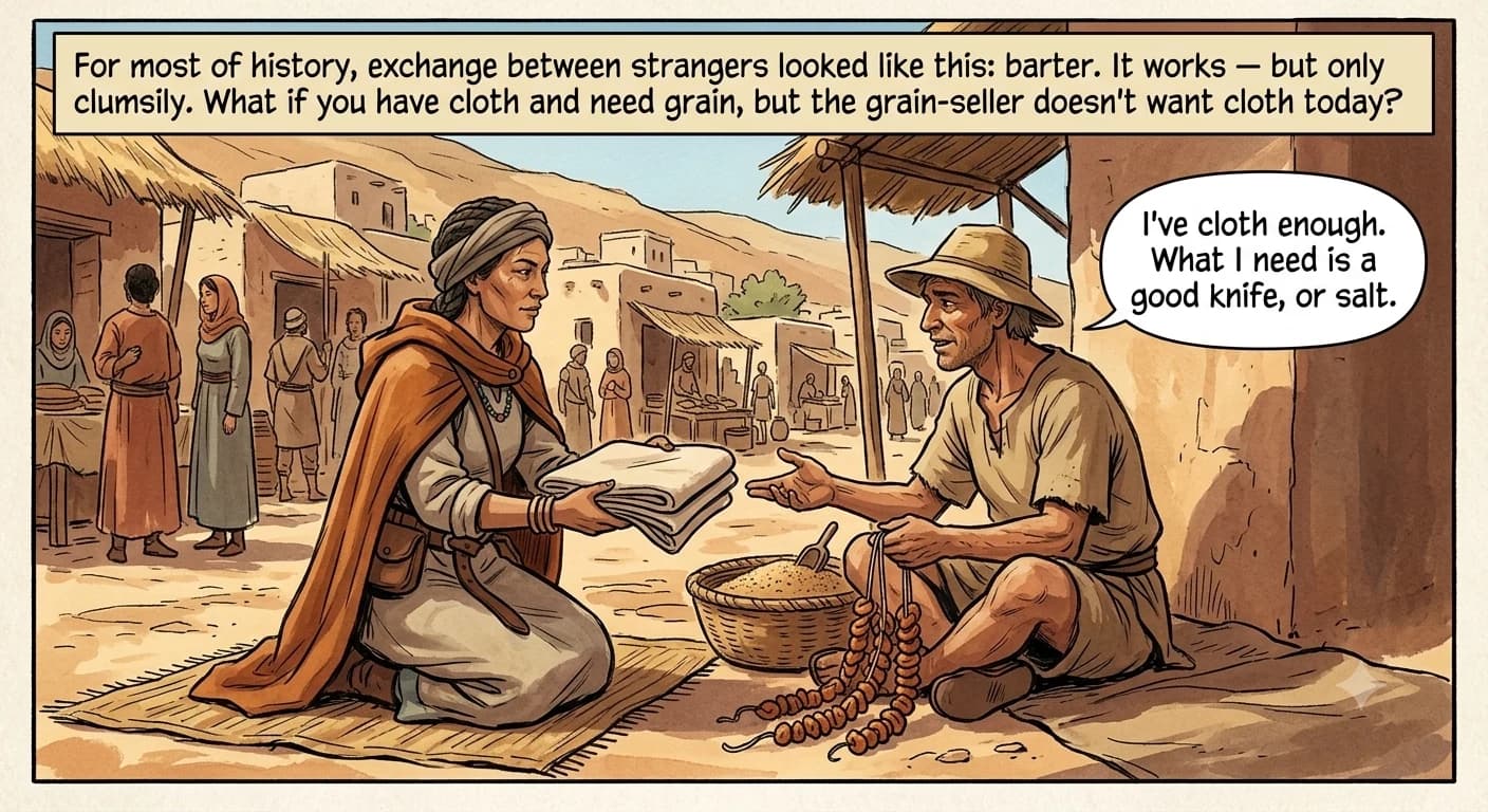 A trader kneels across a woven mat from a village farmer, bartering a bolt of cloth for a basket of grain and dried fruit at a small hillside market.