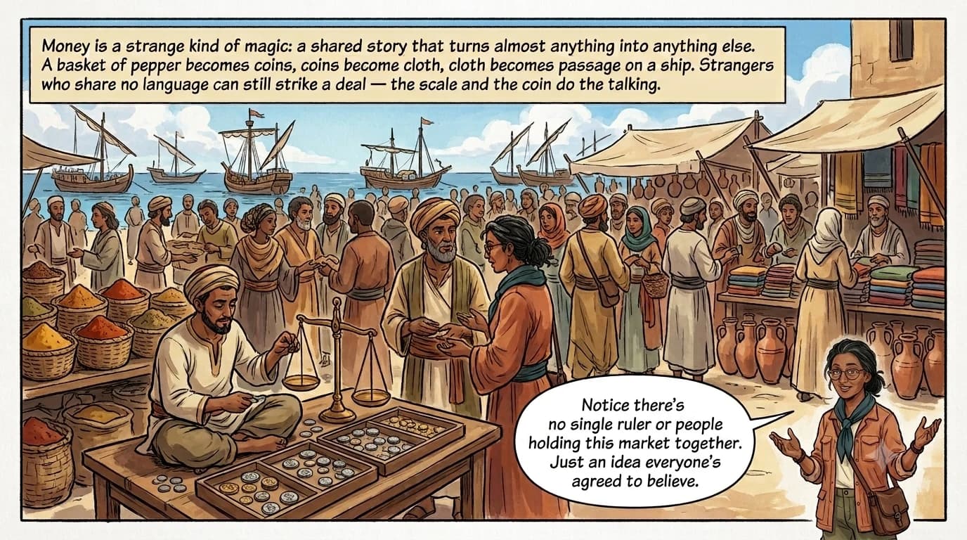 A busy ancient port market with mixed crowds of different regional dress haggling over spices, dyed cloth, and amphorae, while a money-changer weighs coins from different lands on a balance scale.