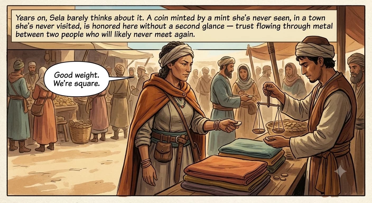 A trader hands a single coin to a stranger's cloth stall in a busy port, a quick and confident wordless transaction replacing the slower work of barter.