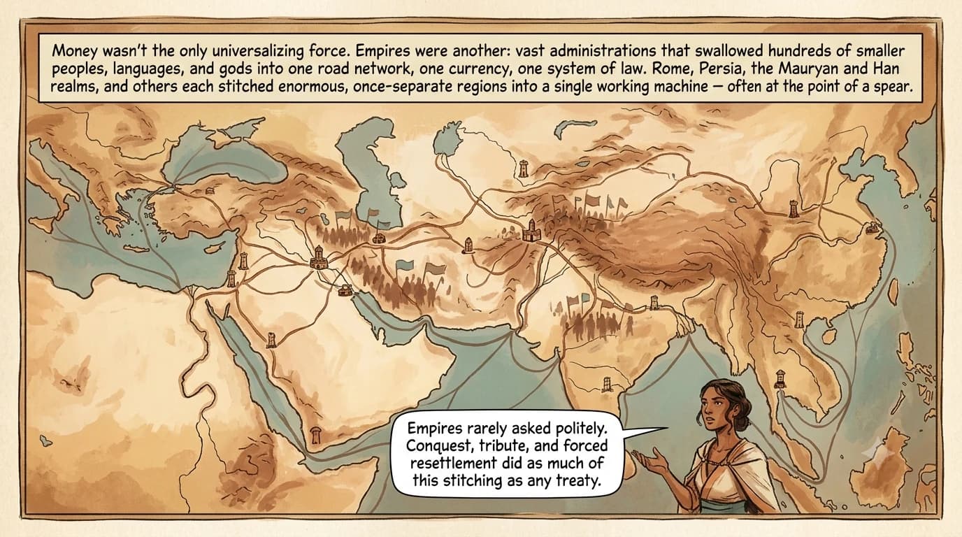 A stylized painterly map showing an ancient empire's road and sea-lane network, watchtowers, and garrisons fanning out from central hubs and absorbing many smaller surrounding regions.
