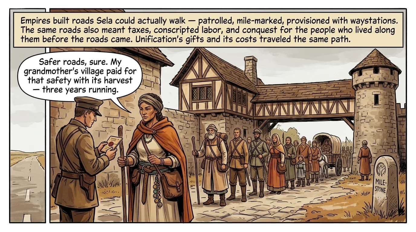 A trader waits at a garrisoned road checkpoint where a soldier checks travel permits, behind a long line of visibly different travelers — pilgrims, soldiers, merchants, and families.
