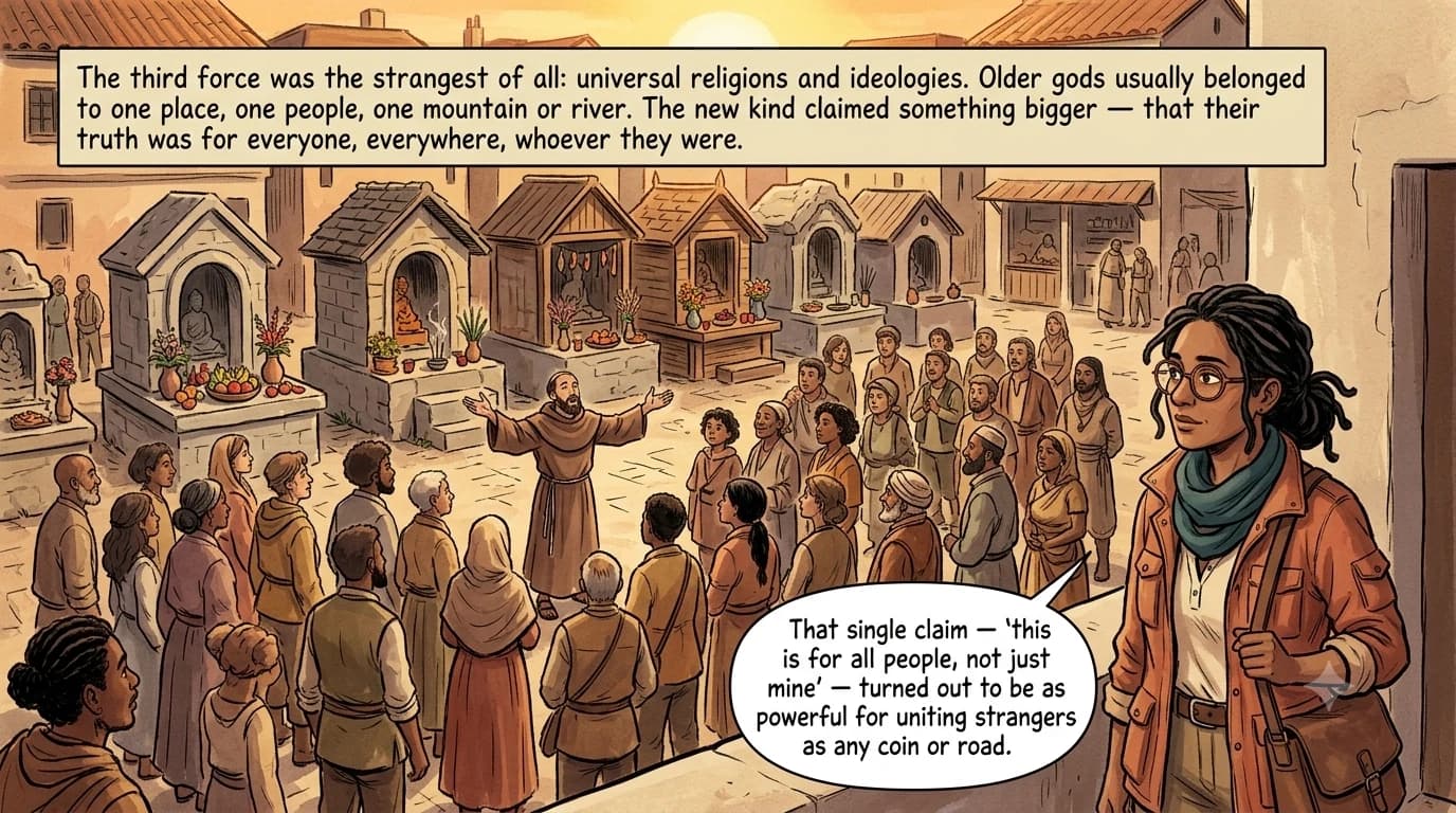 A crowded harbor-town shrine district with several small local shrines beside a diverse crowd gathered around a traveling preacher addressing people of many different origins.