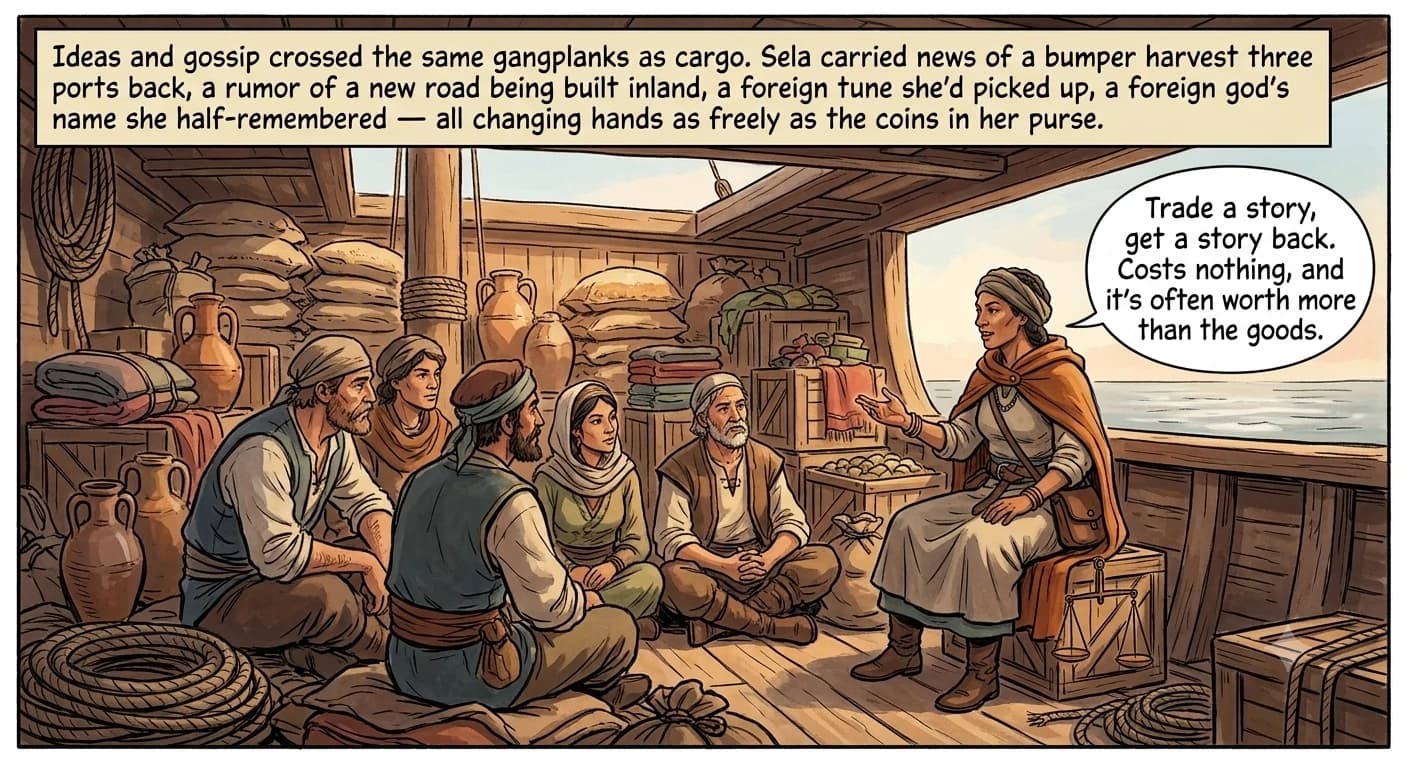 A trader sits among sailors and passengers of different origins on a small loaded trading ship, exchanging stories and news alongside sacks of grain and bolts of cloth.