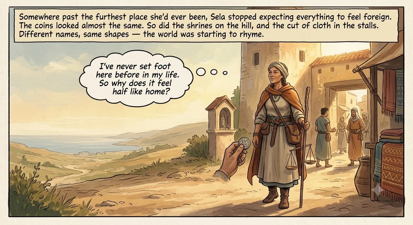 A trader pauses at the edge of an unfamiliar foreign port town, recognizing a familiar coin design, shrine shape, and cloth pattern that echo places far from where she started.