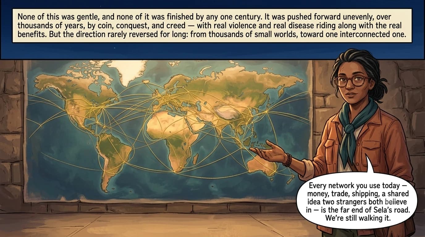 A guide figure stands before a glowing world map crisscrossed with shipping lanes and connecting threads linking every continent, echoing the scattered firelit dots from the chapter's opening panel now fully joined.