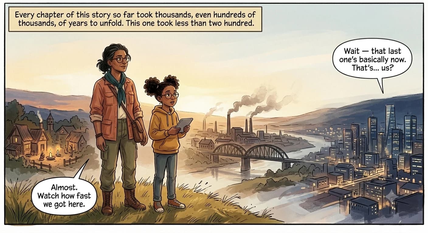A guide and a present-day kid stand on a hilltop at dawn watching three painted scenes dissolve into one another — a candlelit village, a smoke-stacked industrial town, and a glittering modern city.