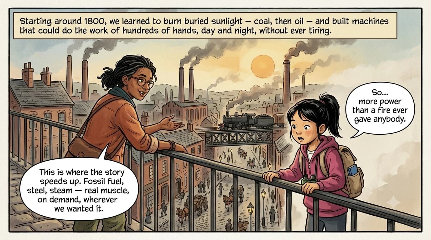 A guide and a present-day kid lean on a footbridge overlooking a smoky early-industrial town of brick factories, tall chimneys, and a steam locomotive crossing an iron bridge.