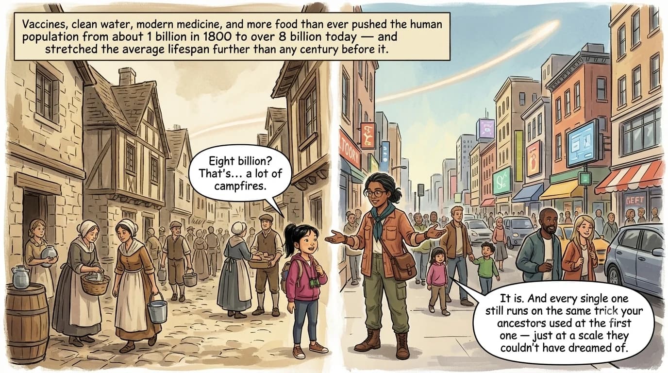 A split scene showing a crowded 1800s village street on one side and a bustling modern city street full of diverse people on the other, with a faint rising curve arcing across the sky above both, and a guide and a present-day kid standing at the seam between them.