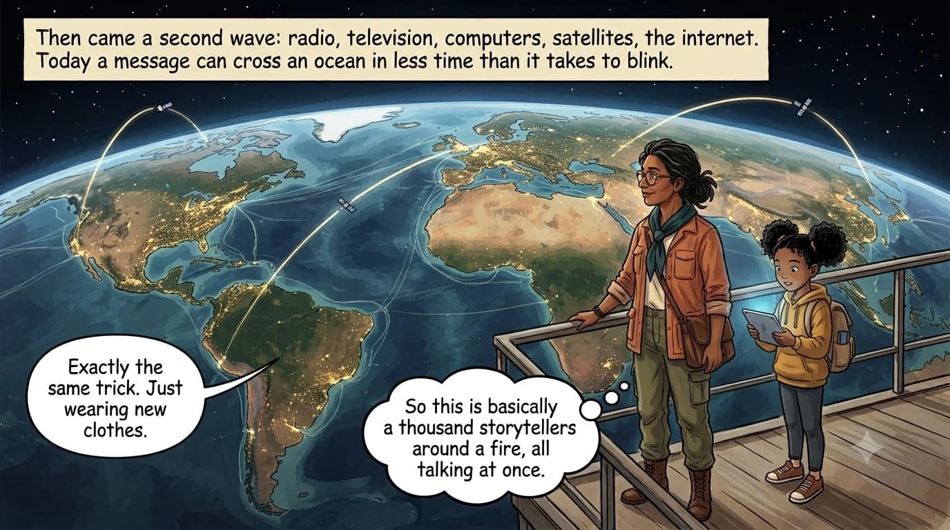 A guide and a present-day kid with a glowing tablet stand on an overlook platform gazing at a painted view of Earth's curve at night, webbed with city lights, satellite trails, and glowing undersea data cables.