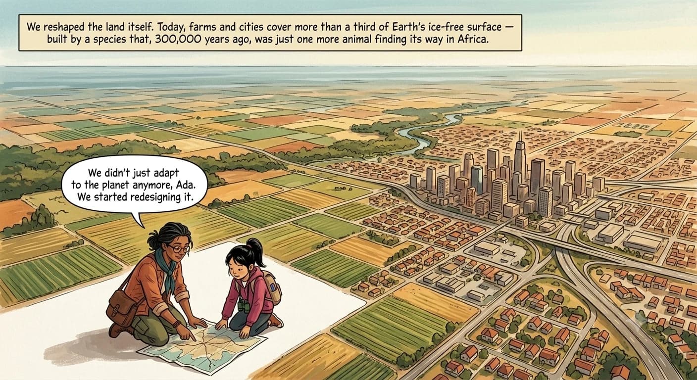 An aerial painted view of farmland grids, suburbs, highways, and city clusters stretching to the horizon, with a guide and a present-day kid studying a folded map together in the foreground corner.