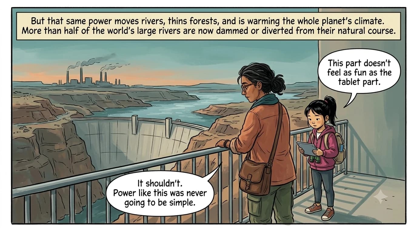 A guide and a present-day kid stand at a railing overlooking a massive concrete dam holding back a once-wild river, with hazy factory smoke tinting the distant sky.