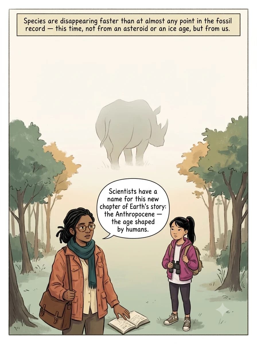 The silhouette of an endangered animal fades into blank space at the edge of a shrinking forest, while a guide and a present-day kid stand nearby watching solemnly.