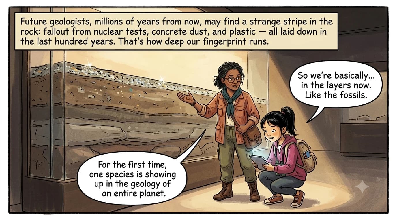 A museum-style cutaway display of layered rock strata, its thin topmost band glinting with flecks of plastic and concrete dust, with a guide gesturing at it while a present-day kid crouches close with a glowing tablet.