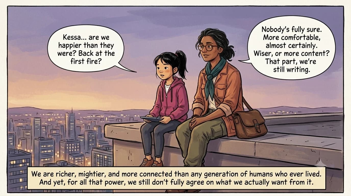 A guide and a present-day kid sit side by side on a rooftop ledge at dusk, looking out over a glittering modern city below in a quiet, contemplative moment.