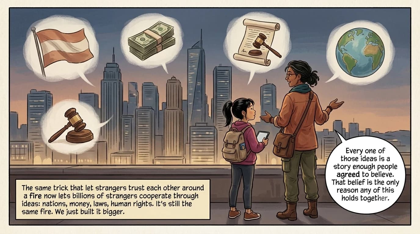 A guide and a present-day kid stand together as a modern city skyline below them is overlaid with faint painterly icons of a flag, banknotes, a scroll and gavel, and a small globe, drifting like painted memories.