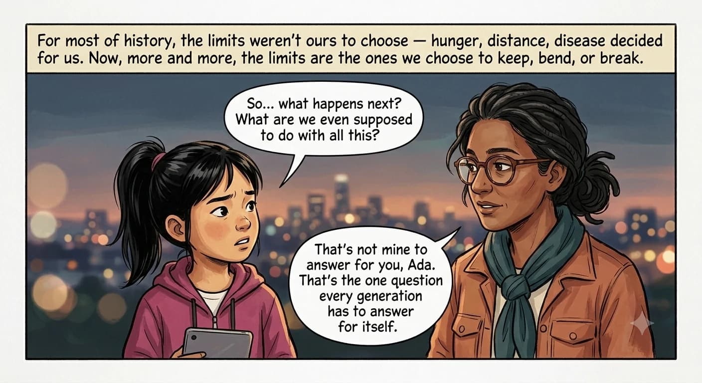 A close two-shot of a guide and a present-day kid facing each other on a rooftop overlook at dusk, city lights twinkling softly out of focus below them.