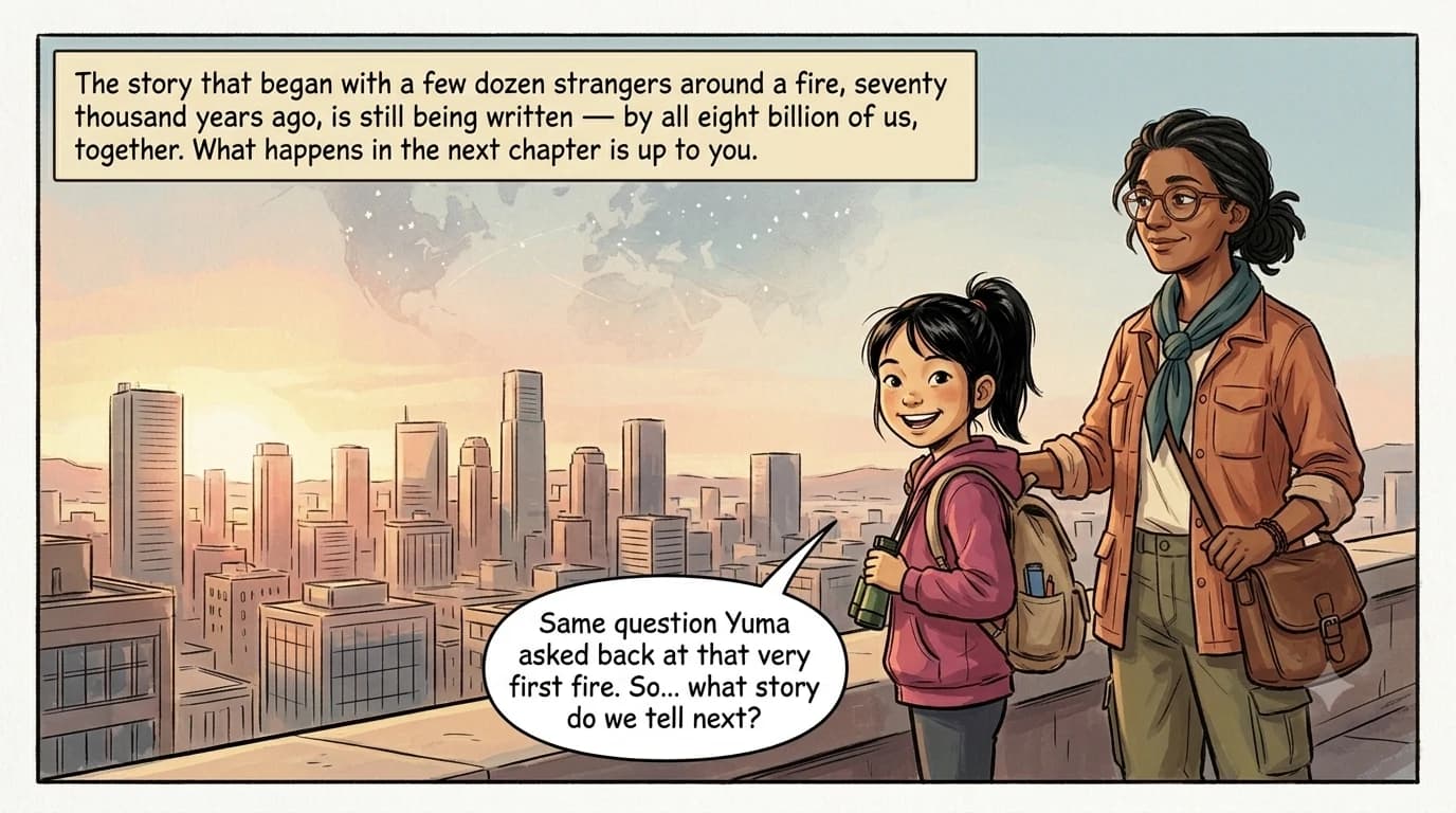 Dawn breaks in warm light over a modern city skyline as a guide and a present-day kid stand at an overlook's edge; the kid turns to smile warmly and directly at the viewer, with a faint ghosted echo of a star-strewn painted map in the brightening sky above the skyline.