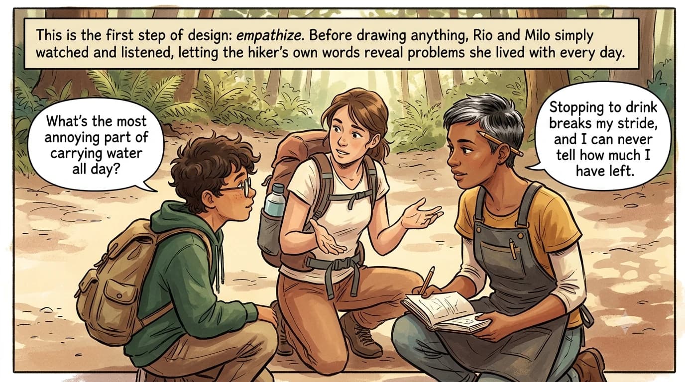 Rio and Milo crouch beside a hiker on a sunny trail, listening as she describes the struggles of drinking water while walking.