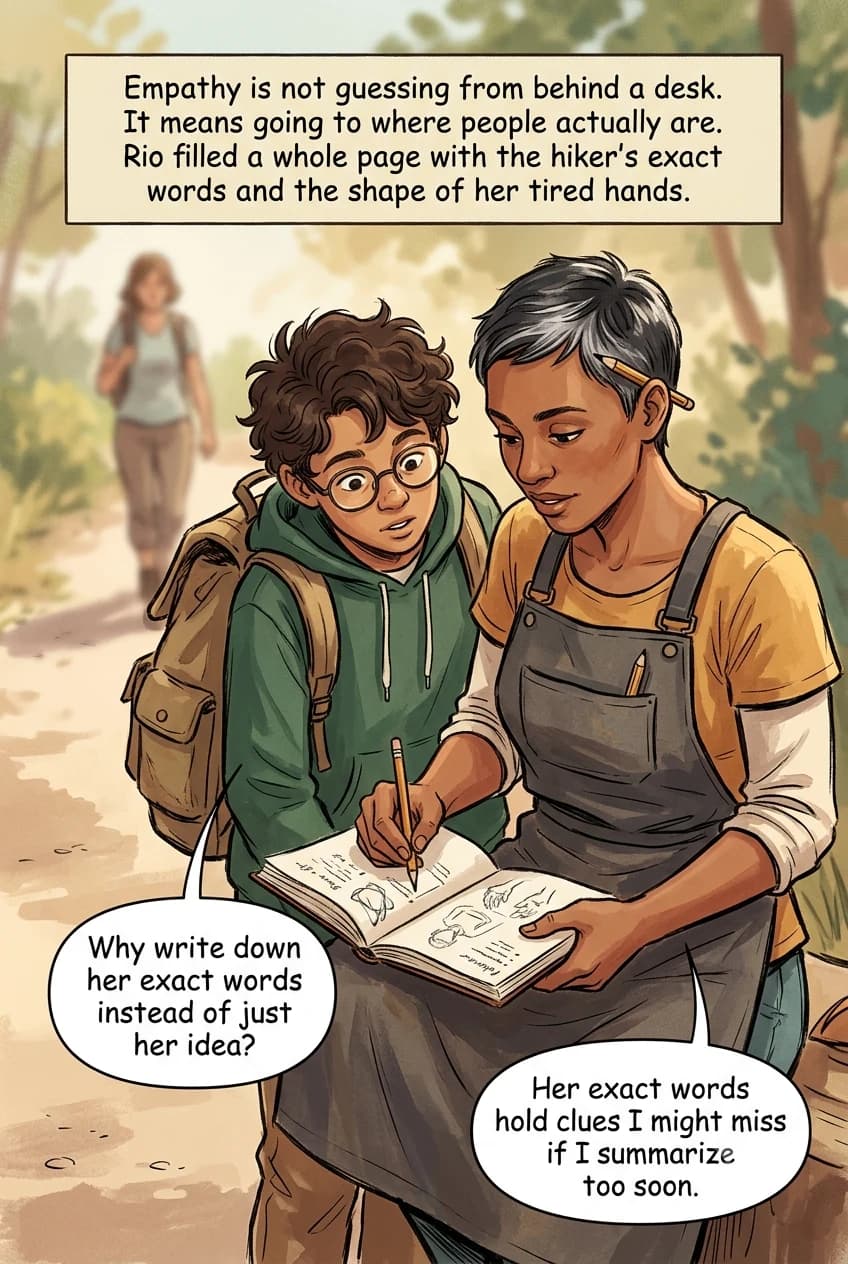 A close view of hands sketching in a notebook, capturing a hiker's words and gestures, while a boy leans in to watch.