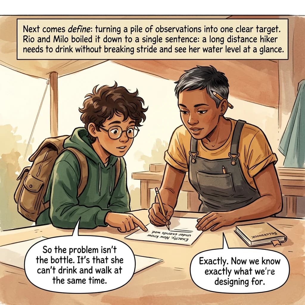 Rio and Milo lean over a workbench, writing a single clear problem statement distilled from their notes.