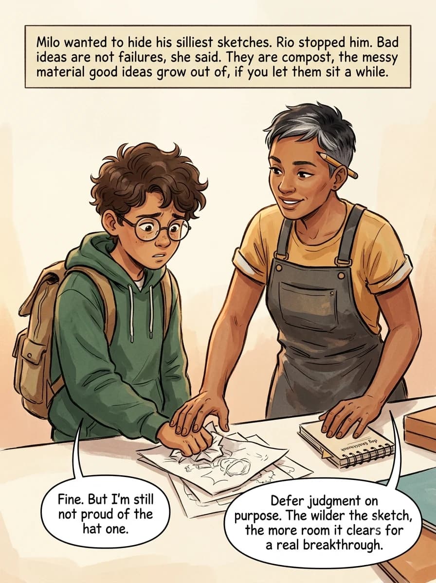 Milo reaches to crumple an embarrassing sketch while Rio gently stops his hand, smiling.