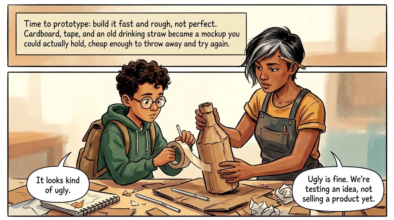 Rio and Milo tape together a rough cardboard prototype of a water bottle with a drinking straw poking out of the top.