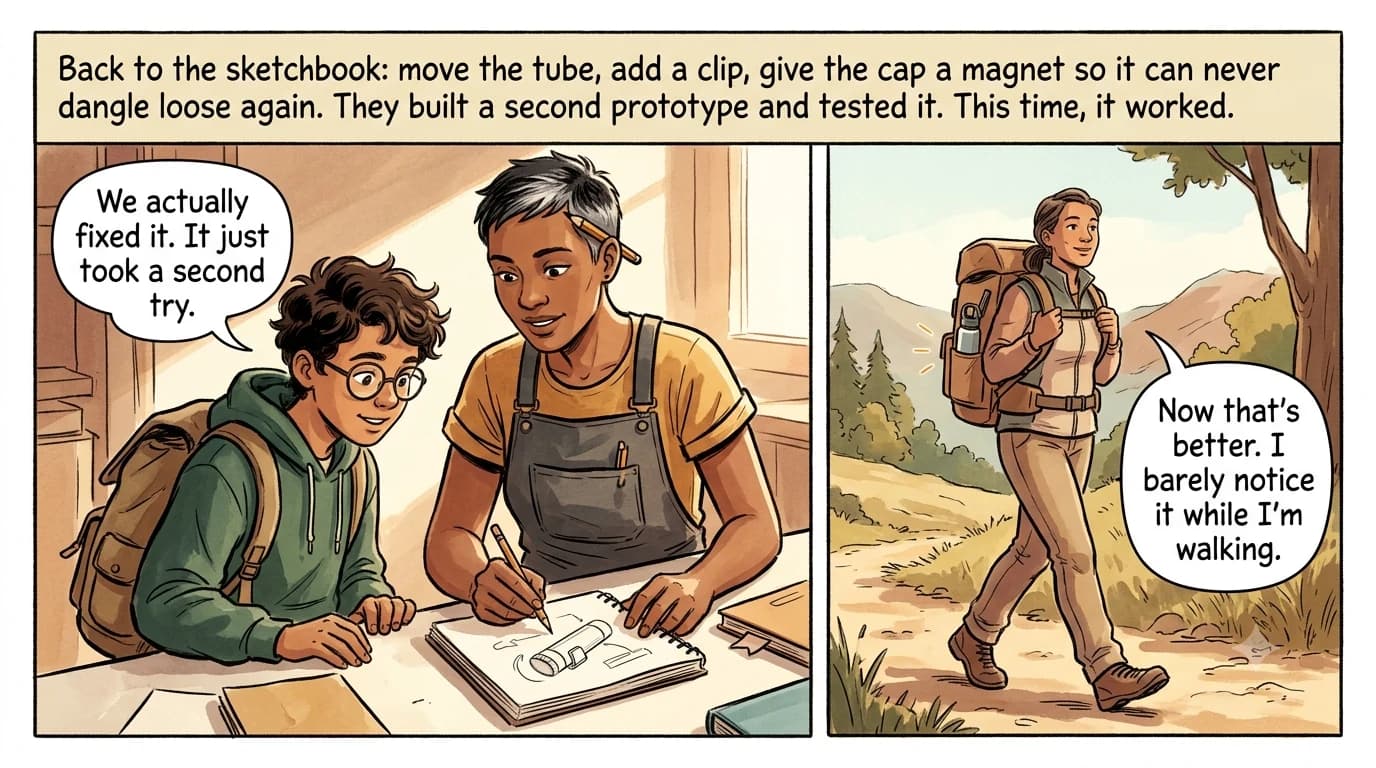 A hiker walks comfortably using an improved cardboard prototype with a magnetic cap, while Rio and Milo look on from the workbench.