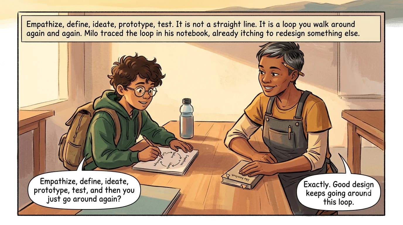 Rio and Milo sit together at golden hour with the finished water bottle between them, Milo drawing a five-step loop in his notebook.