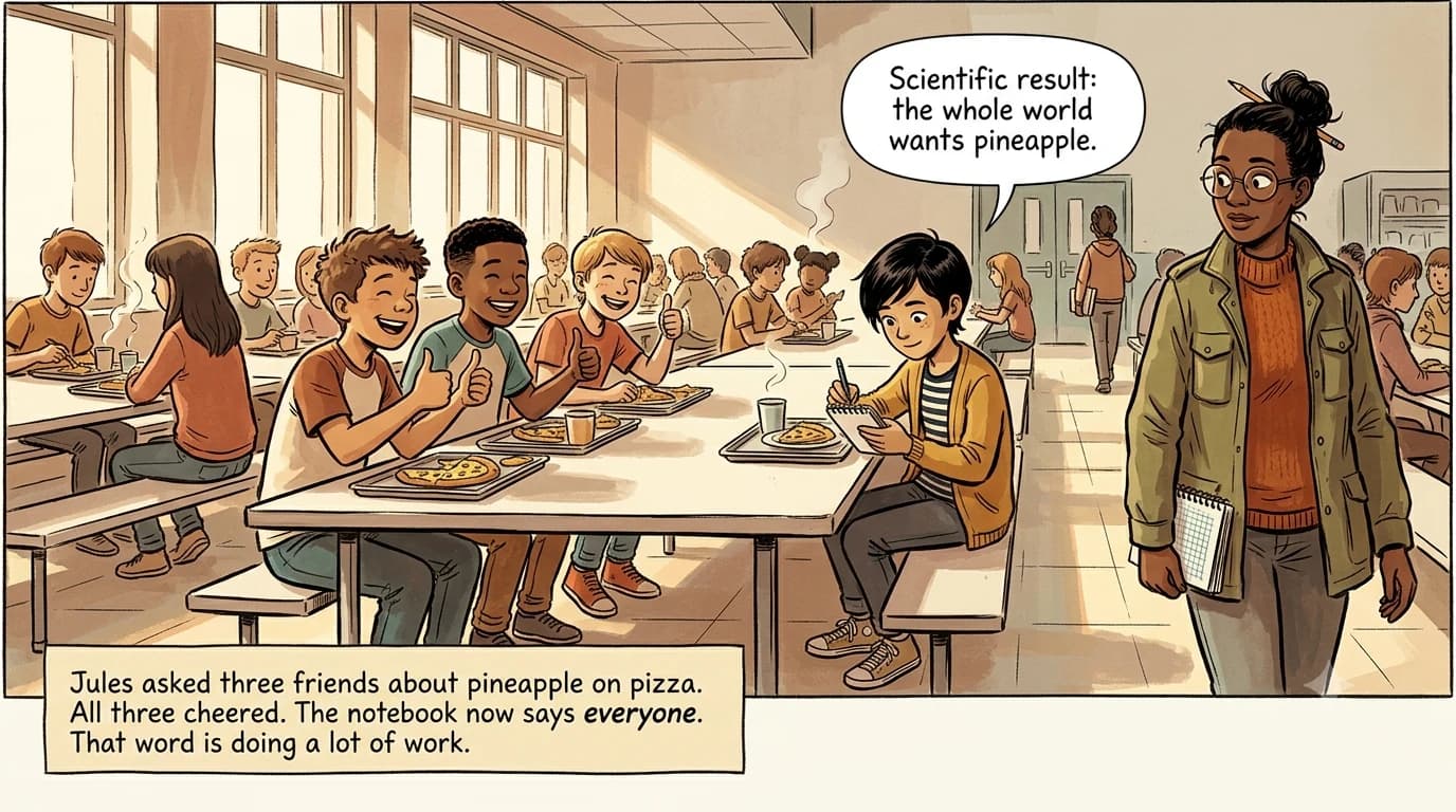 A kid at a lunch table polls three grinning friends about pineapple pizza and writes a sweeping conclusion in a notebook.