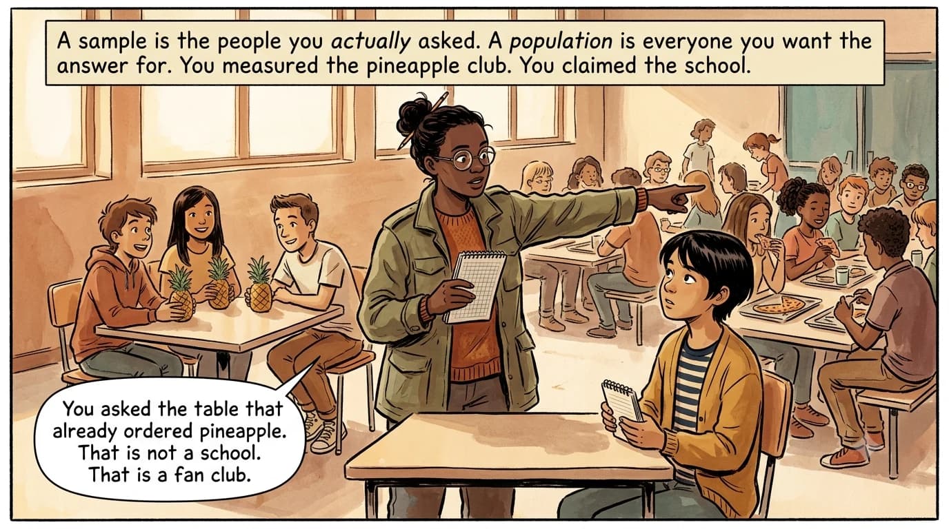 A researcher points from a small table of pineapple fans toward the rest of a crowded cafeteria the kid did not poll.