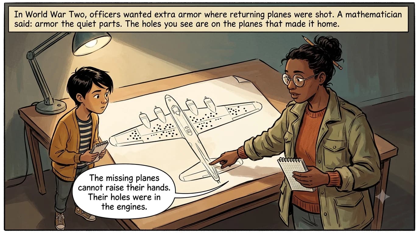 A researcher shows a diagram of a returning airplane with bullet holes on the wings, explaining that missing planes tell a different story.
