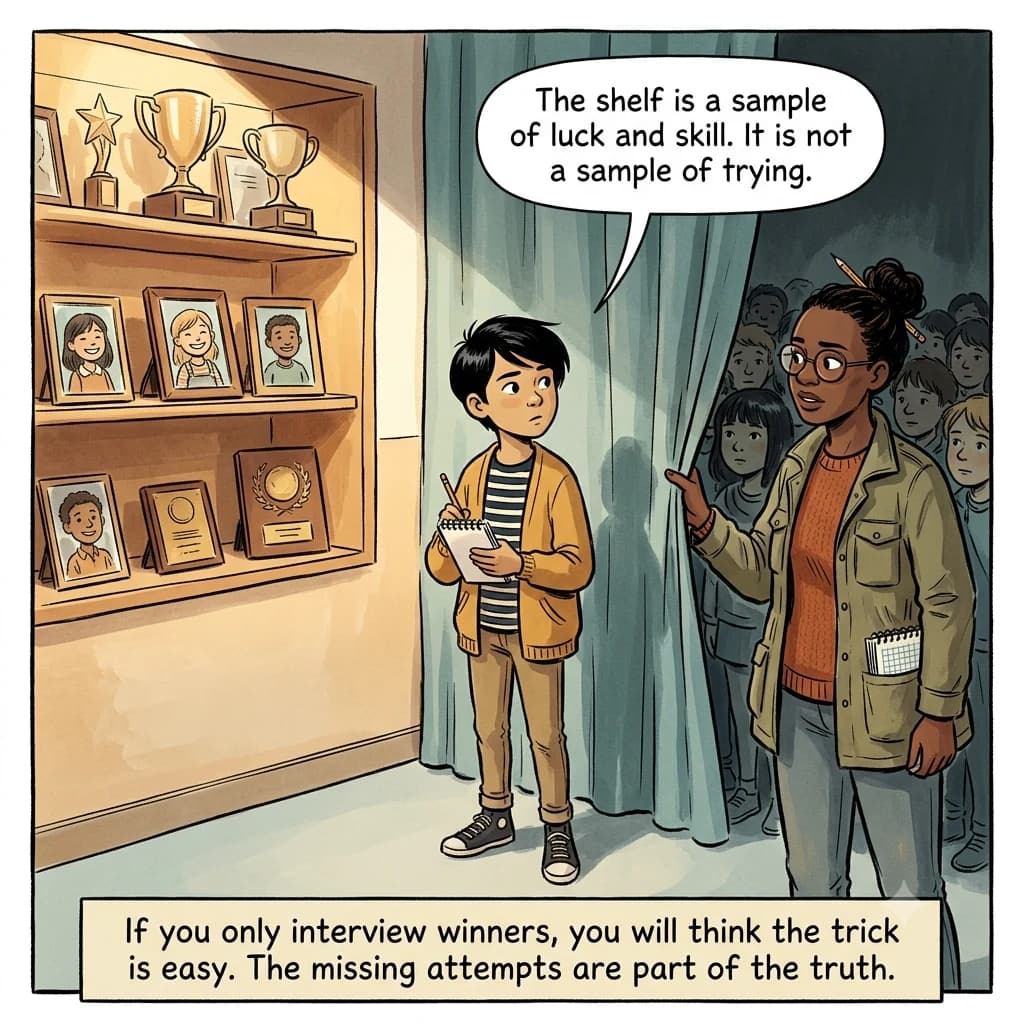 A trophy shelf of smiling winners stands in the light while many other kids who tried wait unlit behind a curtain.