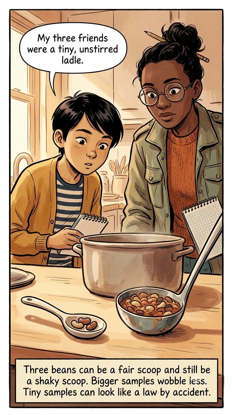 A tiny spoon holding three beans sits beside a large mixed ladle from the same soup pot.