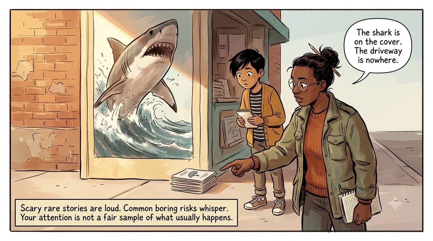 A newsstand displays a huge dramatic shark poster while a small stack of ordinary traffic-safety pamphlets sits ignored.