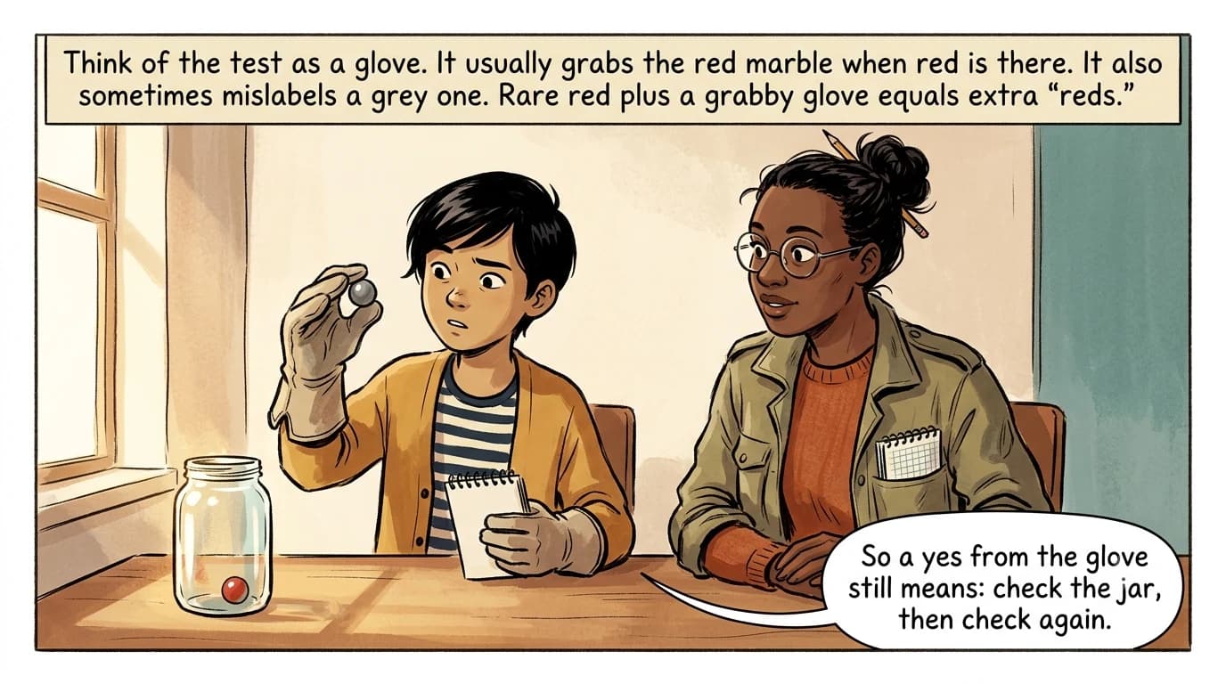 A kid wearing an oversized test-glove reaches into a jar of grey marbles and one red marble, sometimes mislabeling grey as red.