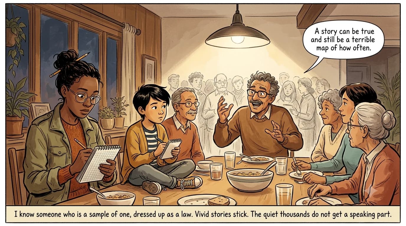 At a family table someone tells a vivid personal story while a researcher sketches a huge quiet crowd standing behind them.