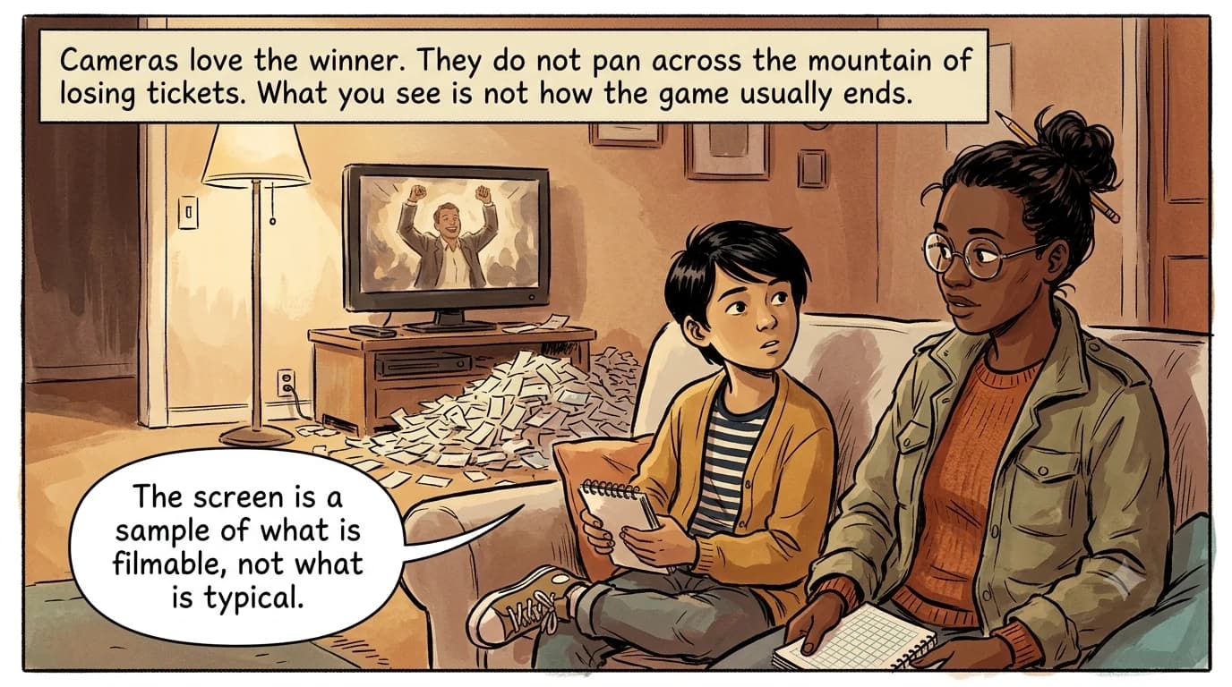 A television shows one lottery winner under confetti while a mountain of losing tickets sits ignored beside the TV.