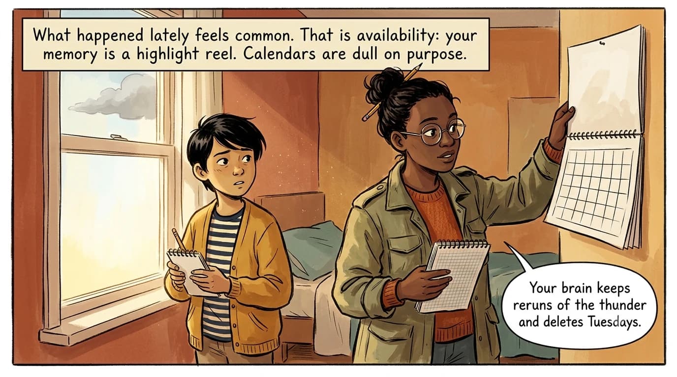 A kid startled by a recent thunderclap looks at a calendar full of ordinary quiet days held by a researcher.