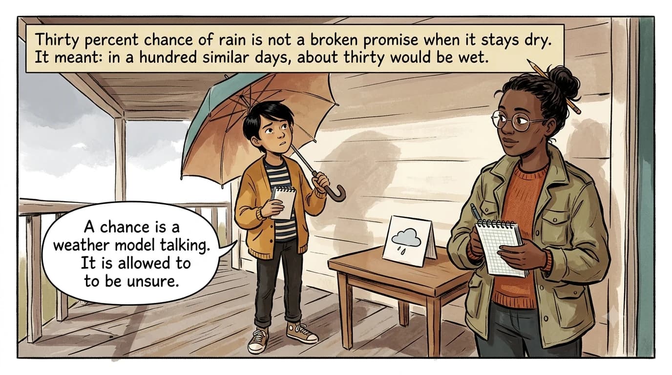 A kid holds an umbrella under a weather chart showing a thirty percent chance of rain, learning that chance is not a promise.