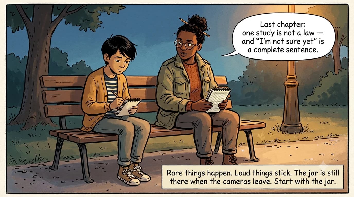 At dusk a kid writes 'jar first' in a notebook while a researcher hints that one study is not a law.